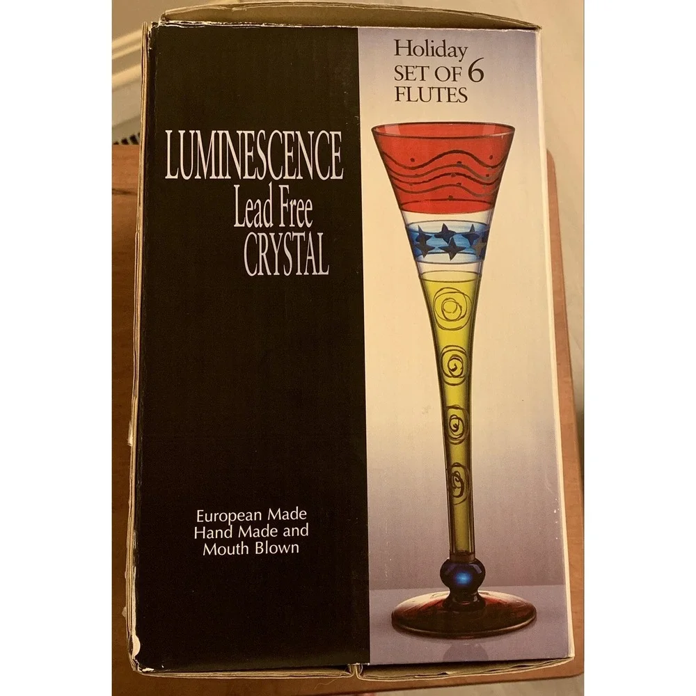 Hand Painted Hand Blown‎ Luminescence Crystal Champagne Flutes European Set Of 6